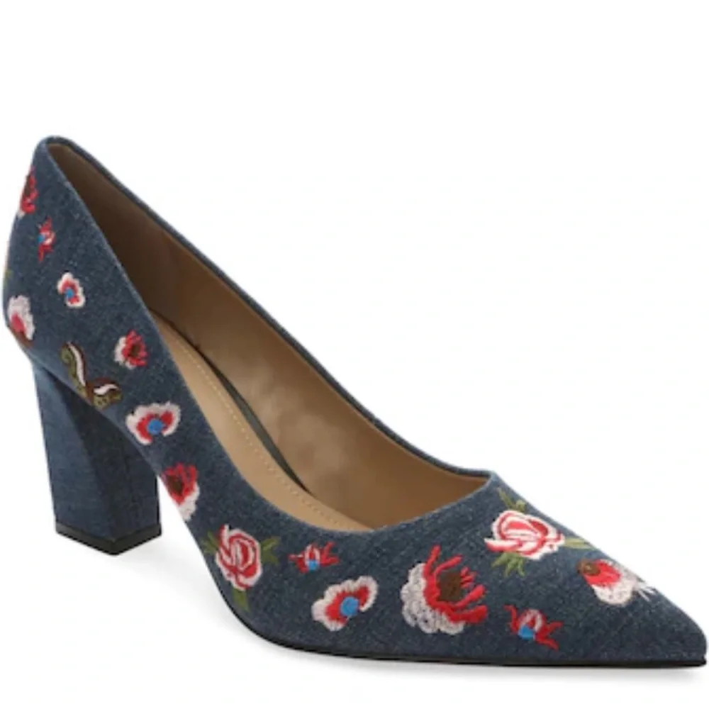 NEW Gunmetal Penelopa Denim Embroidered Pump Size 8 - Picture 1 of 8